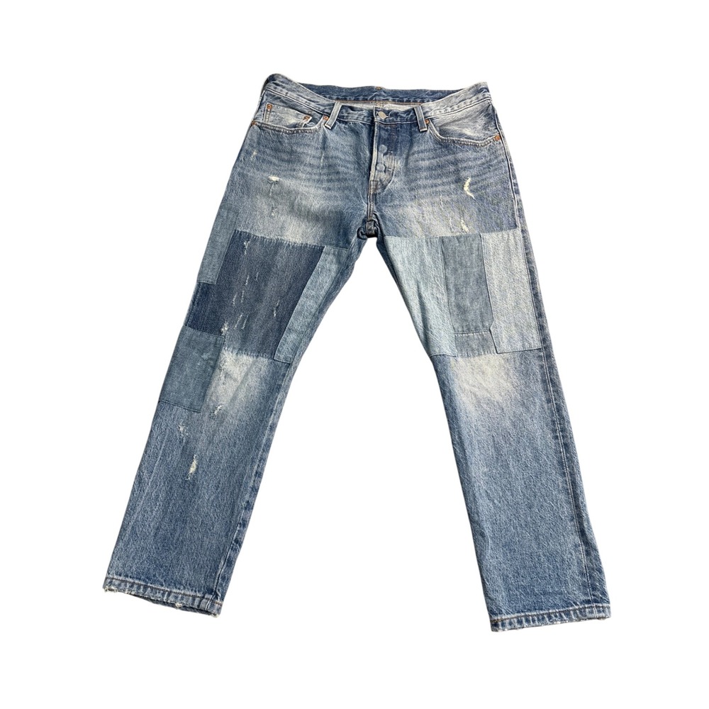 Levis 501 Patchwork Distressed Straight Leg Jeans Blue Denim Button Fly Mens 34